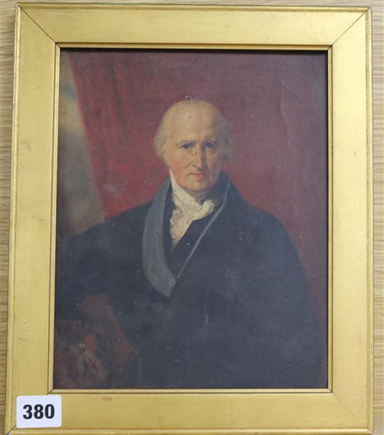 19th century English School, oil on canvas, Portrait of a gentleman, Aitken Dott & Son label verso, 24 x 20cm